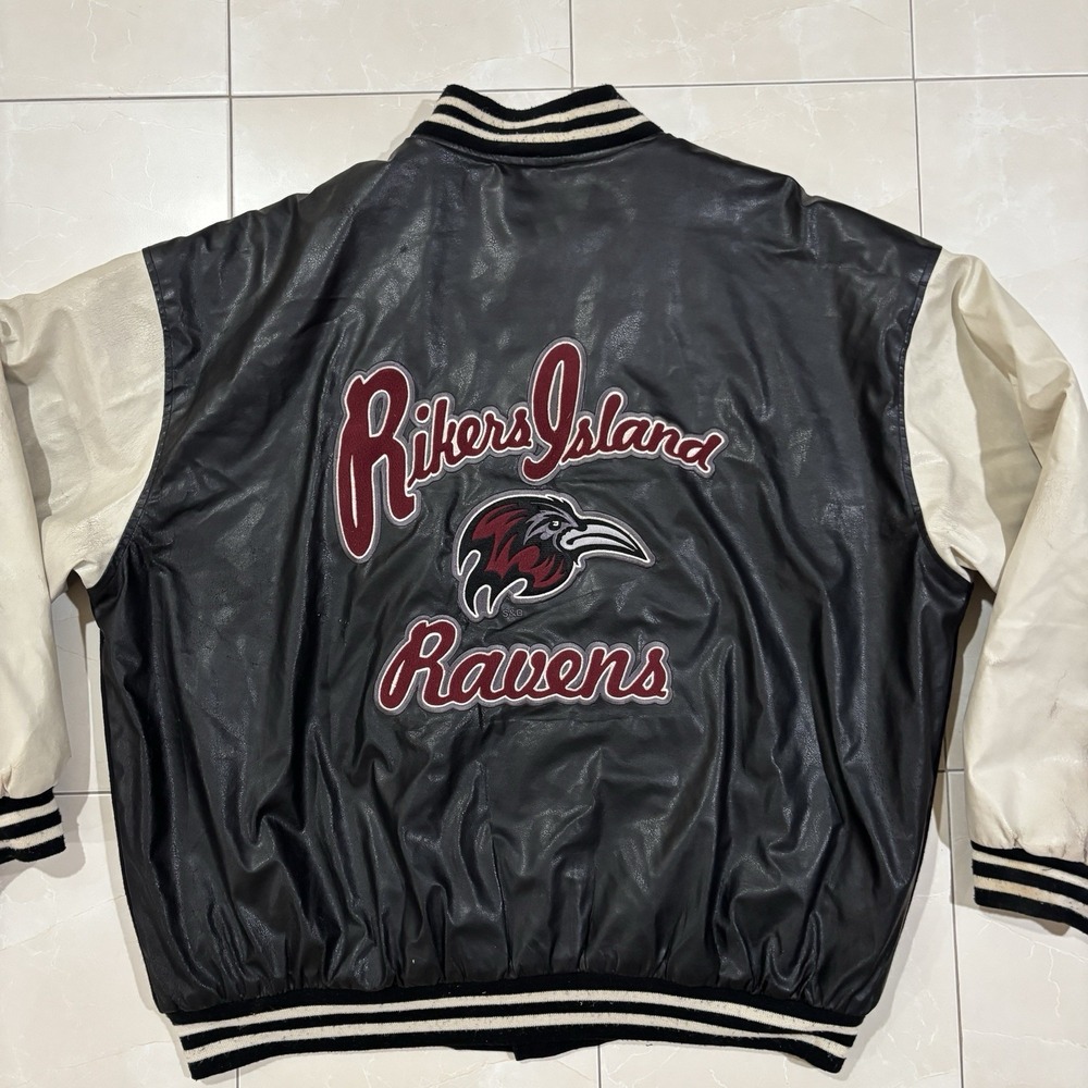 Vintage Leather Varsity Jacket Rikers Island Ravens NYC Mens 2XL Distressed Y2K